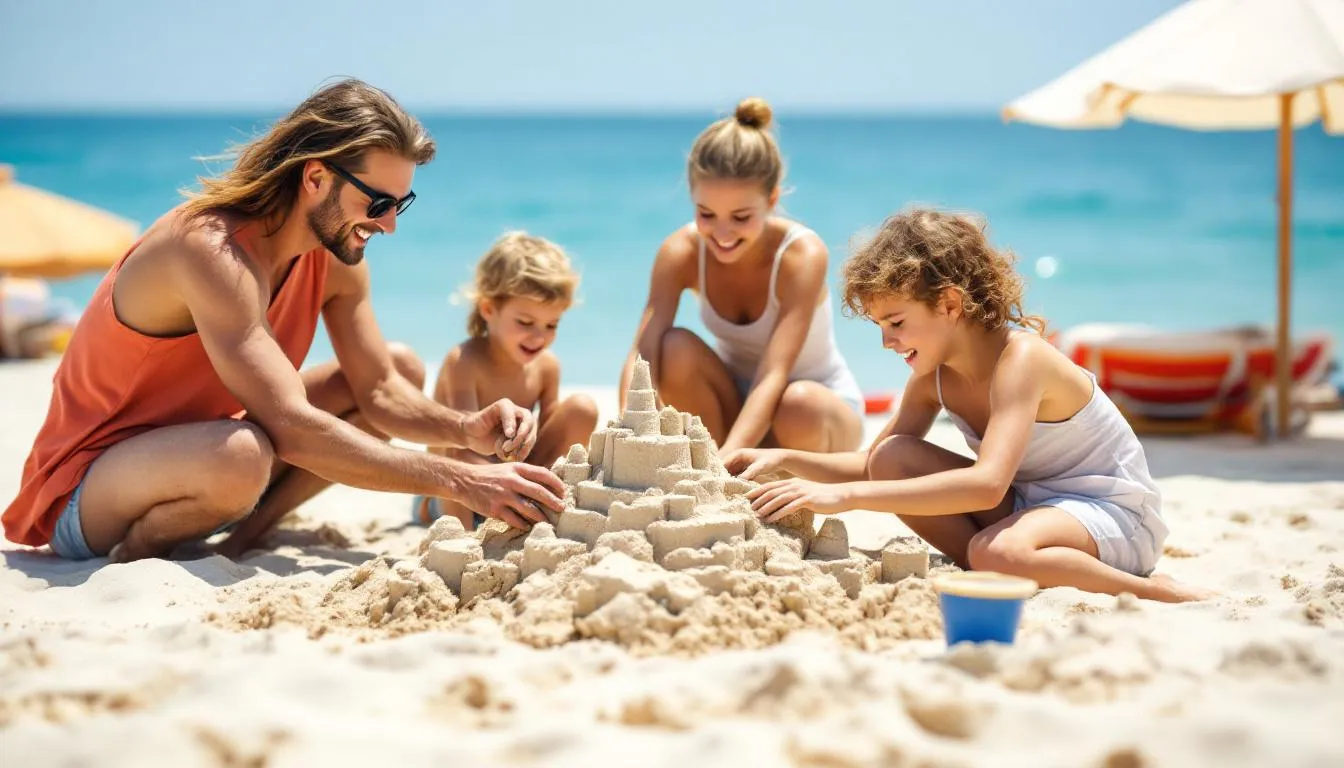 A family is enjoying their beach vacation by building sandcastles on the soft white sand, surrounded by colorful beach umbrellas and calm blue waters in the background, capturing the essence of a perfect day at Clearwater Beach on Florida's Gulf Coast. This scene highlights the joy of families spending time together at one of the best beaches in the Sunshine State.