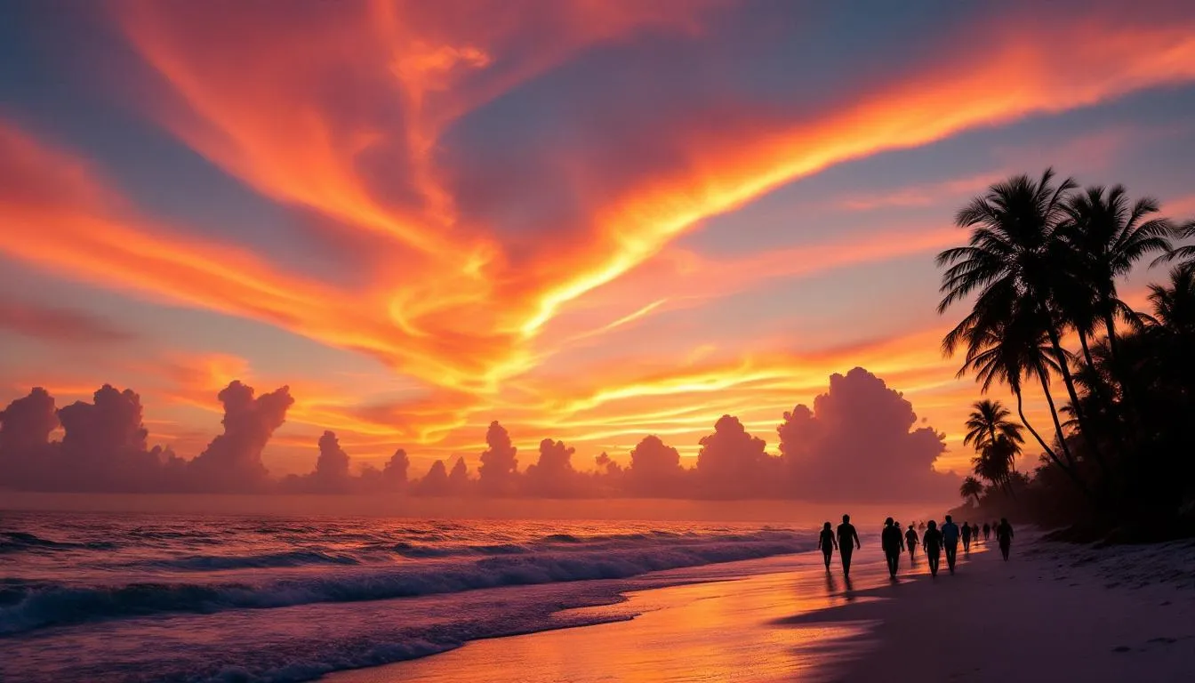 A breathtaking sunset over the Gulf of Mexico casts vibrant colors across the sky, with silhouettes of palm trees framing the scene. People stroll along the beach, creating a serene atmosphere perfect for a family beach vacation in Florida's Gulf Coast.