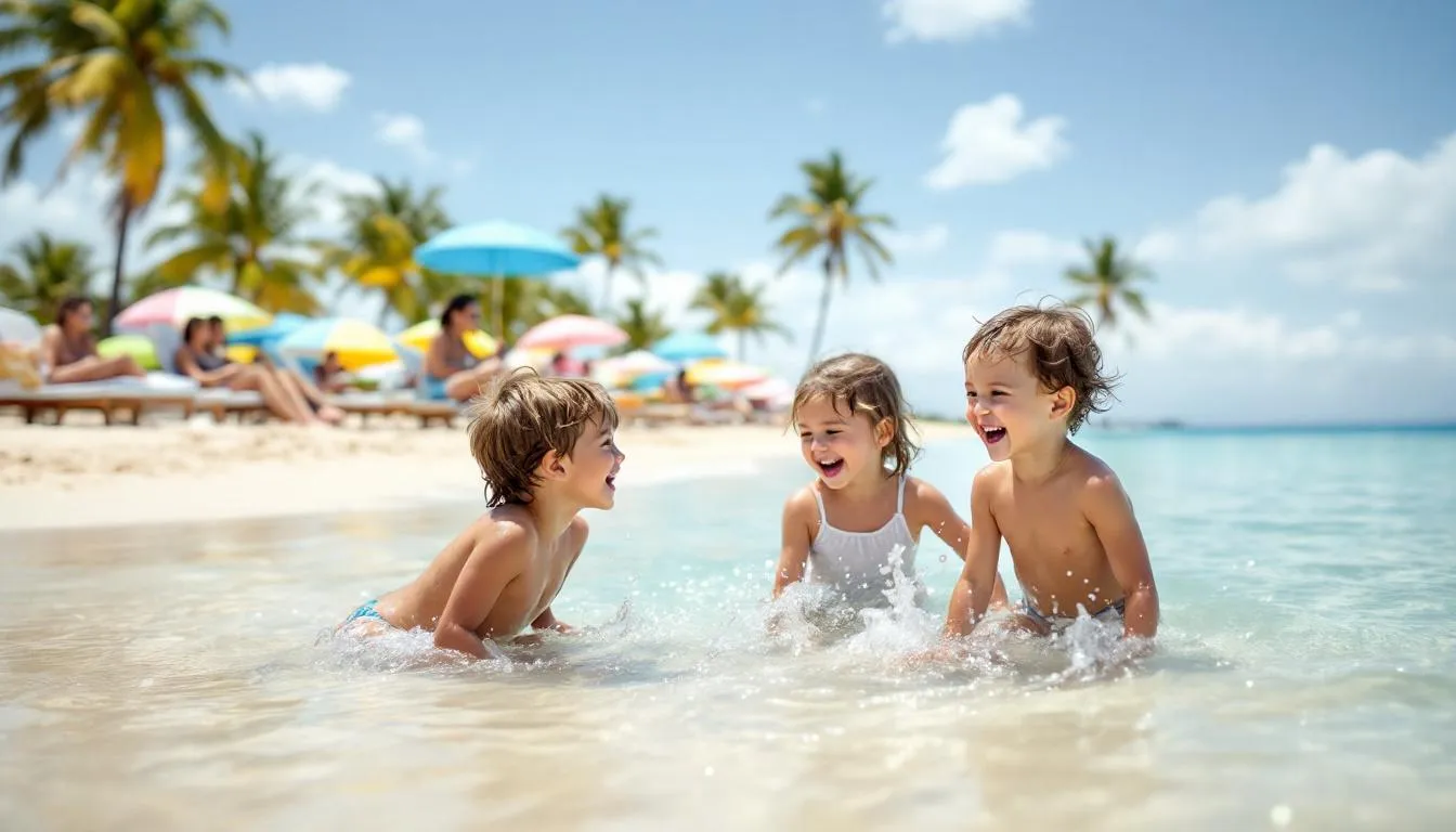 A sunny beach scene depicts children joyfully playing in the calm, shallow waters while their parents relax in beach chairs under colorful umbrellas. This family beach vacation captures the essence of Florida's Gulf Coast, making it a perfect spot for families to enjoy the beautiful white sand and tranquil atmosphere.