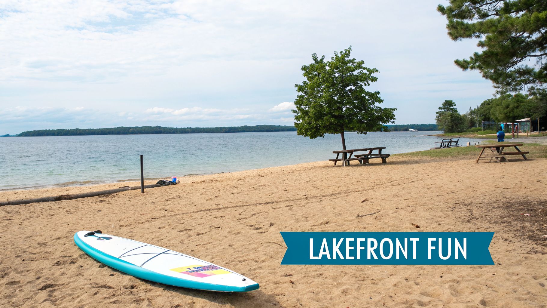A scenic lakefront beach with a white paddleboard on the sand, picnic tables under trees, and calm water.