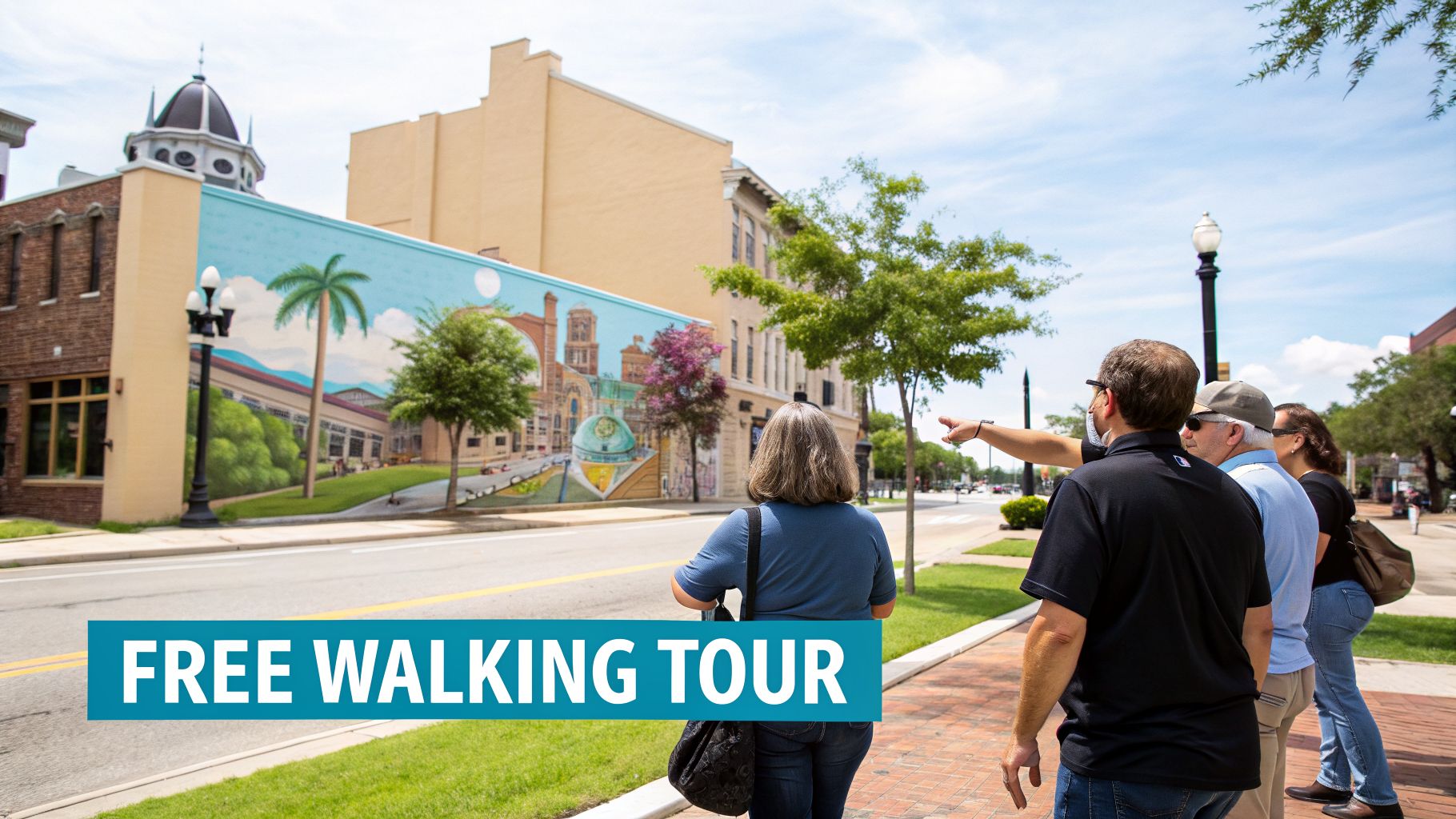 A group on a free walking tour in a city, looking at a colorful mural on a building.