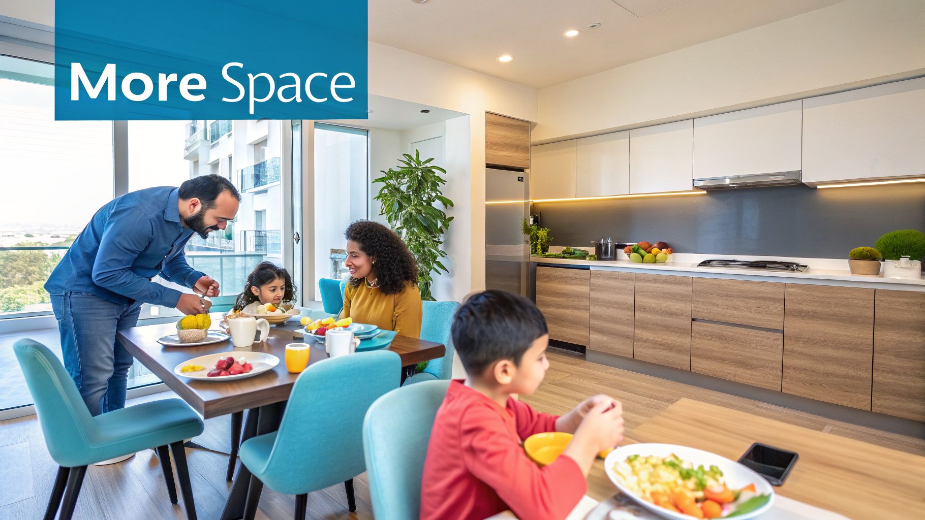 A happy family enjoys breakfast together in a spacious, modern condo kitchen and dining area.