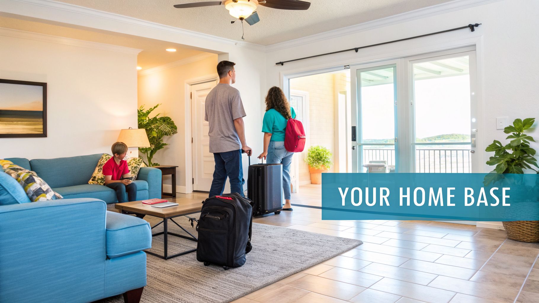 A family with luggage entering a bright, spacious condo living room with a comfortable blue sofa.