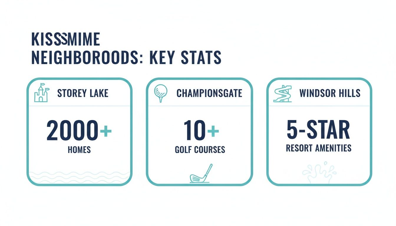 Infographic showing key statistics for Kissimmee neighborhoods: Storey Lake, ChampionsGate, and Windsor Hills.