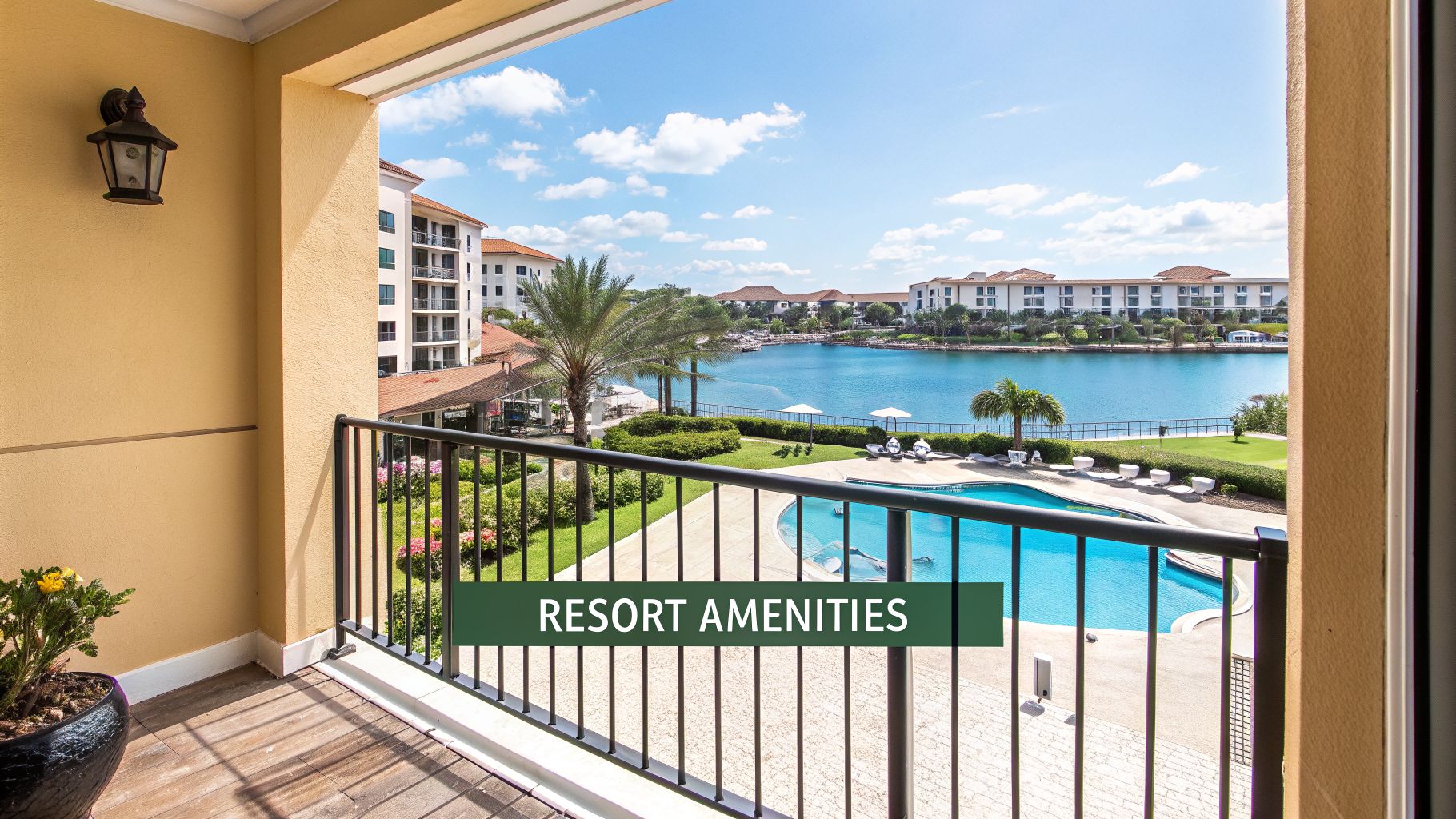 Balcony view of a sunny resort featuring a swimming pool, lake, palm trees, and apartment buildings.