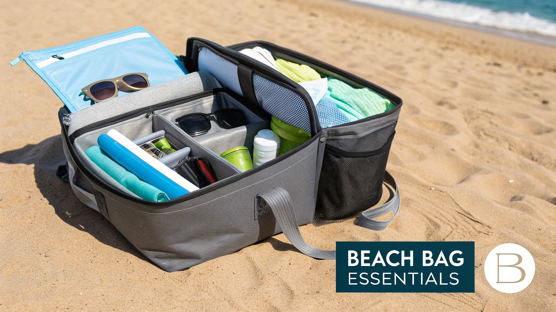 A well-organized gray beach bag filled with essentials like towels and sunglasses on a sandy beach.