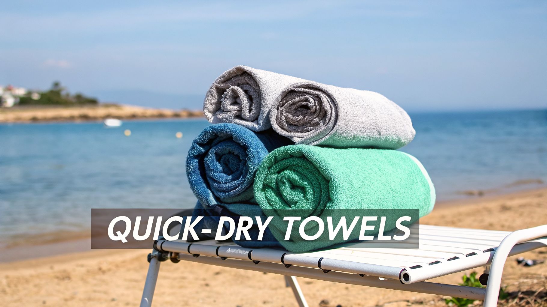 Stack of colorful quick-dry towels on a white beach chair with the ocean and sandy beach in the background.