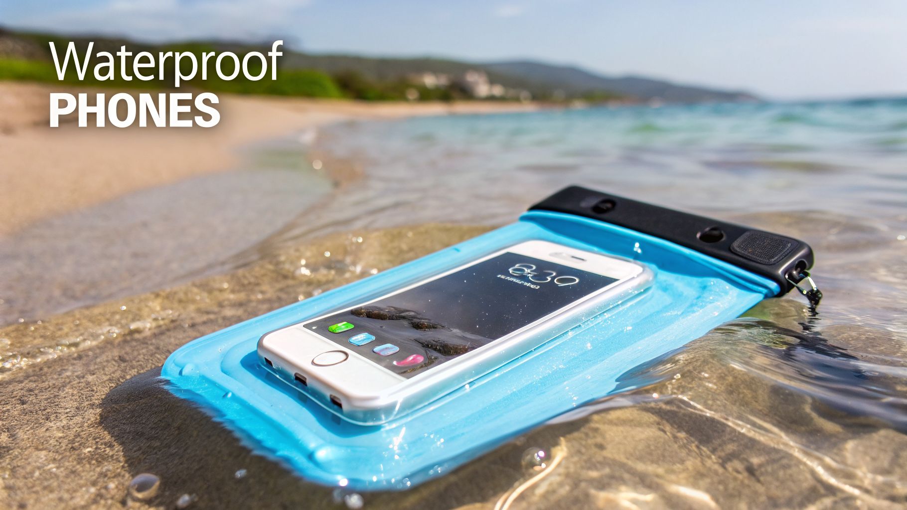 White smartphone inside a blue waterproof pouch submerged in clear shallow beach water.