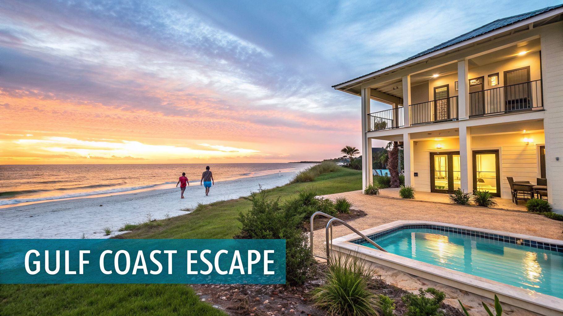 A beautiful sunset over a sandy beach with two people walking near a coastal vacation home with a pool.