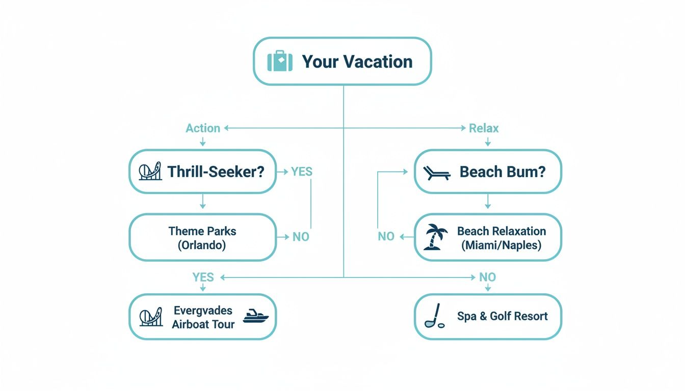A vacation decision flowchart helps choose between thrill-seeking adventures and relaxing getaways in Florida.