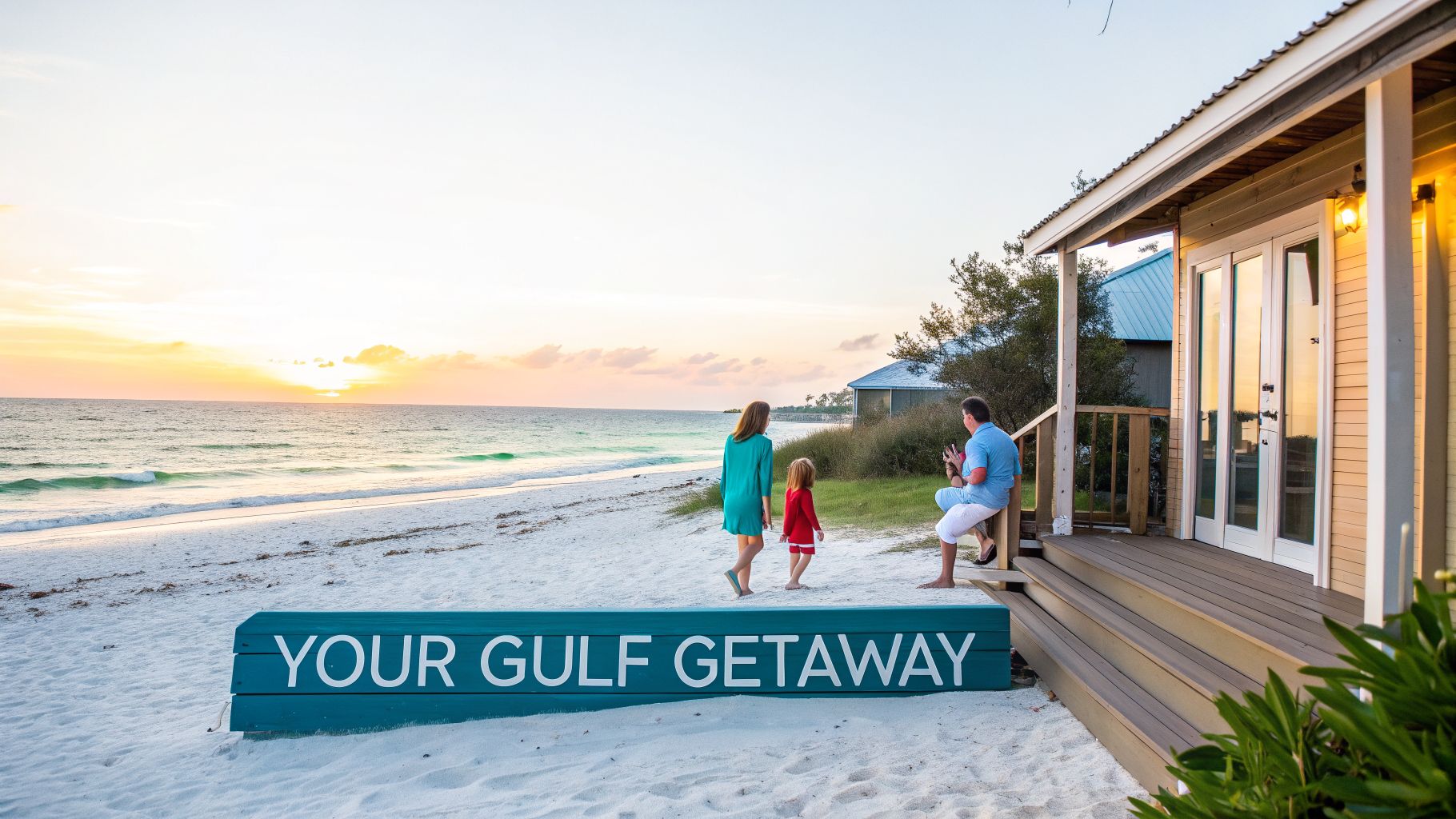 Family enjoys a beautiful sunset on a Florida Gulf Coast beach next to a charming rental home.
