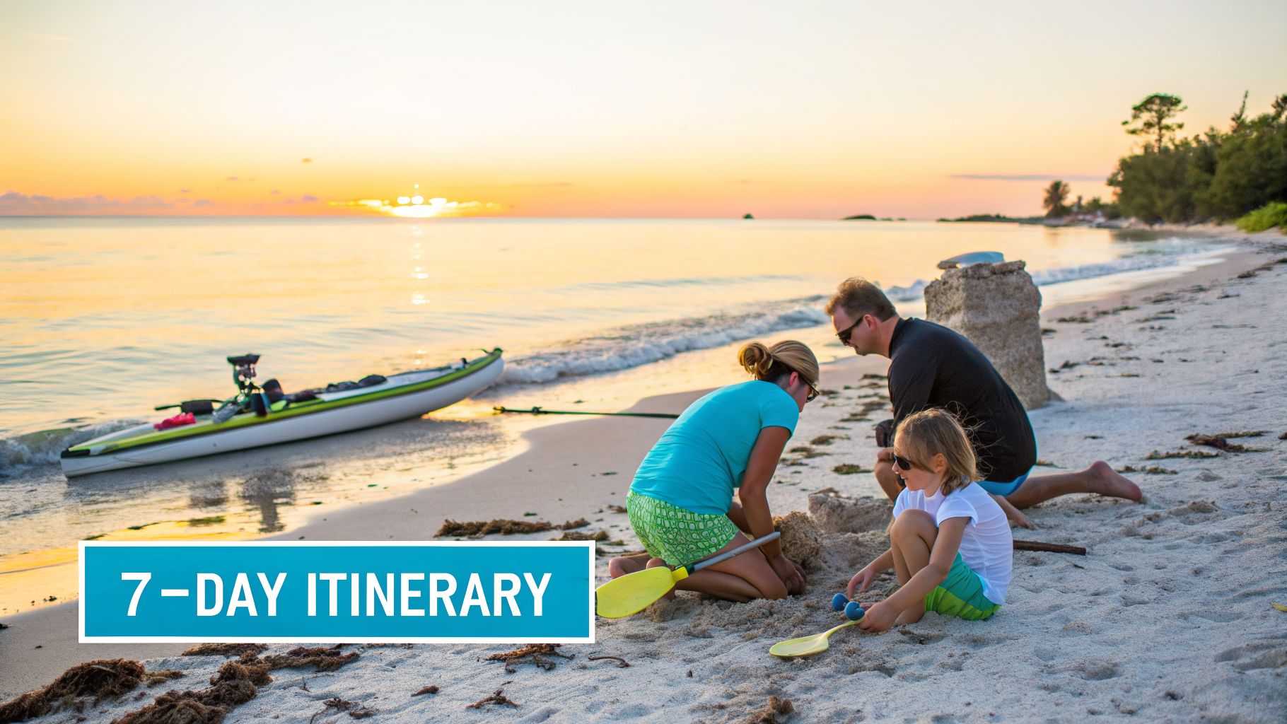 A family with a child playing in the sand on a serene beach at sunset with a kayak.