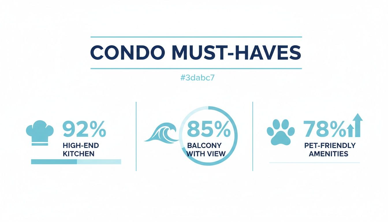 An infographic illustrating essential condo features: high-end kitchen, balcony with view, and pet amenities.