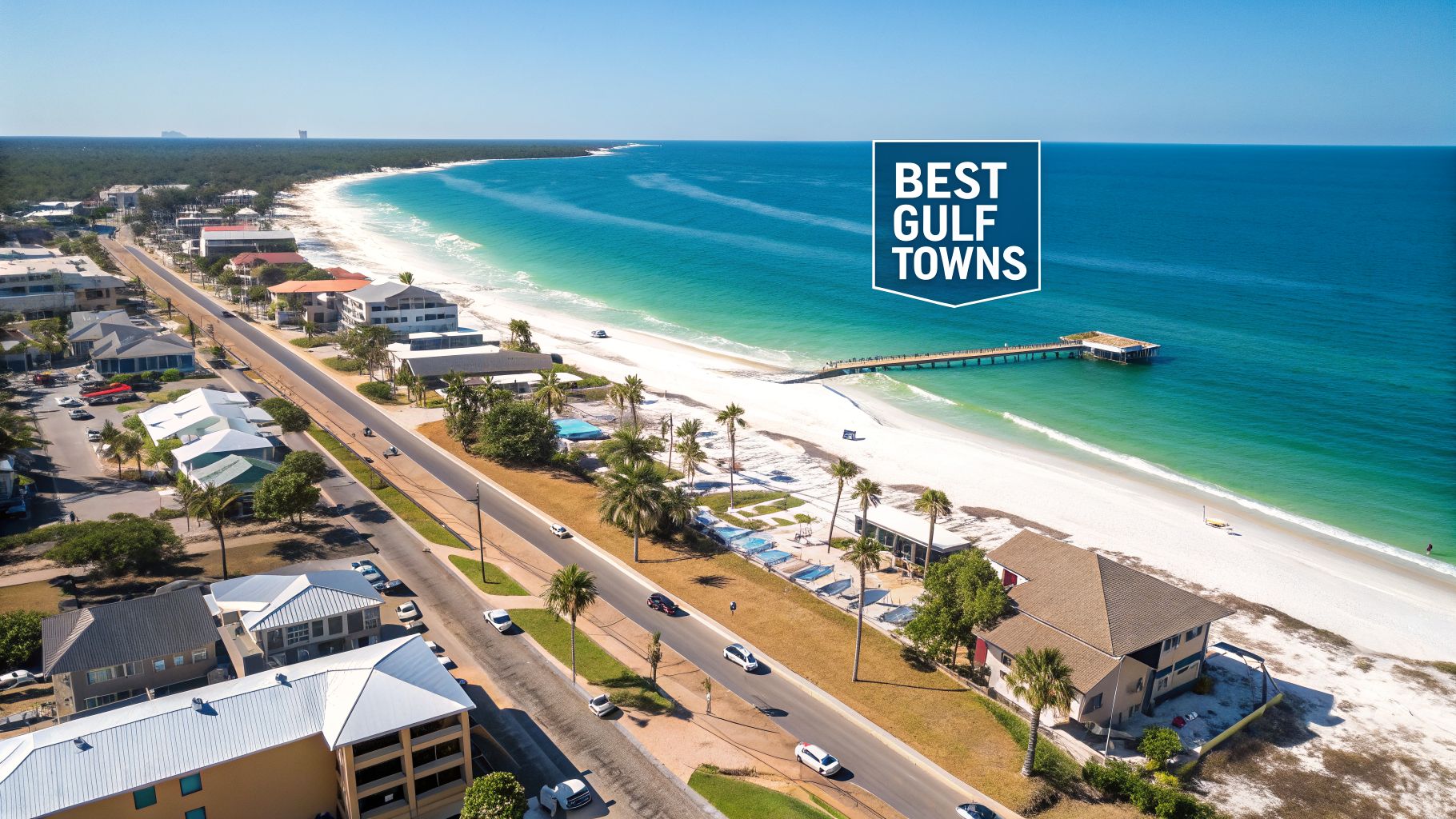 Aerial view of a beautiful Florida Gulf Coast town with a white beach, clear water, and a pier.