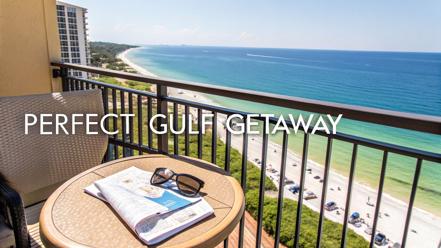 Perfect gulf getaway balcony view overlooking a white sand beach and blue ocean, with magazine and sunglasses.