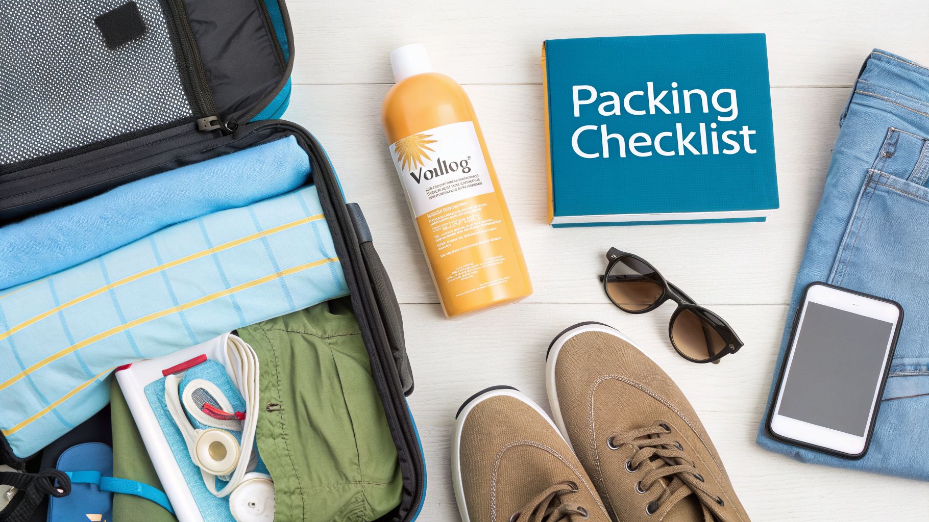 A flat lay of travel essentials: suitcase with clothes, lotion, packing checklist, shoes, sunglasses, and phone.