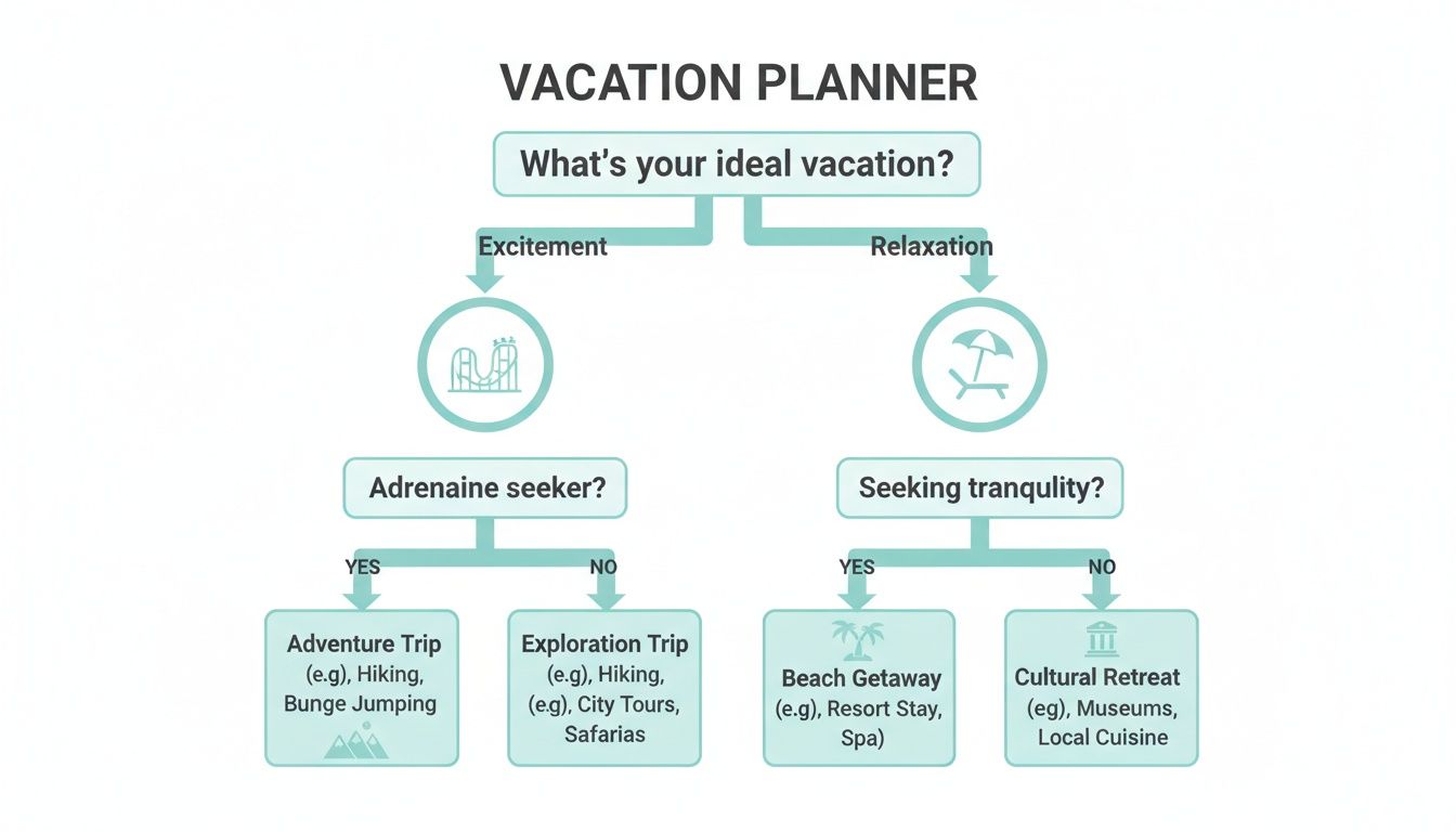 A vacation planner flowchart guiding users to ideal trips based on excitement or relaxation preferences.