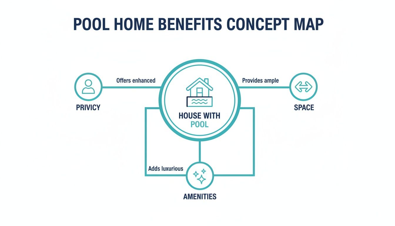 A concept map illustrating the benefits of a house with a pool, including privacy, space, and amenities.