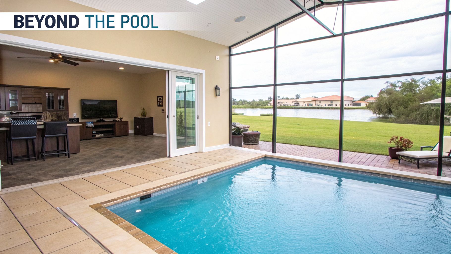 A luxurious indoor-outdoor living area featuring a swimming pool, living room, and lake view.