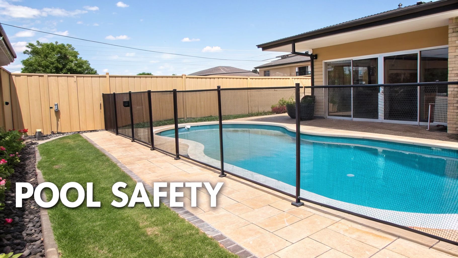 A clear blue swimming pool secured with a black mesh safety fence in a sunny backyard.