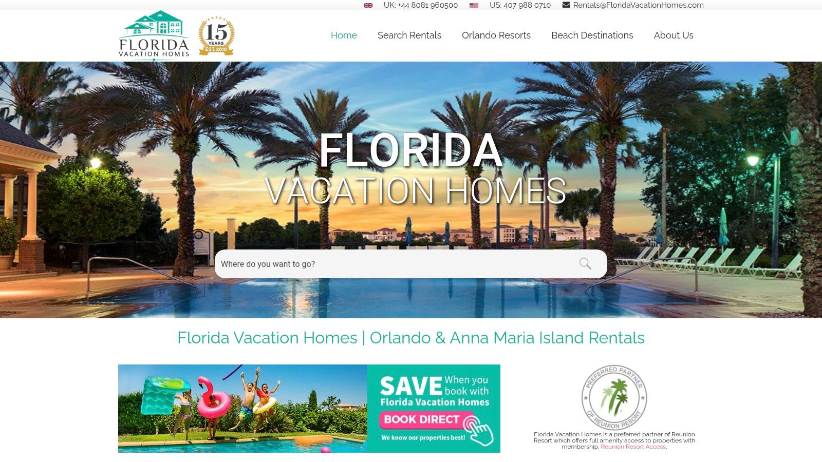 Florida Vacation Homes & Villas homepage showcasing resort-style homes with pools