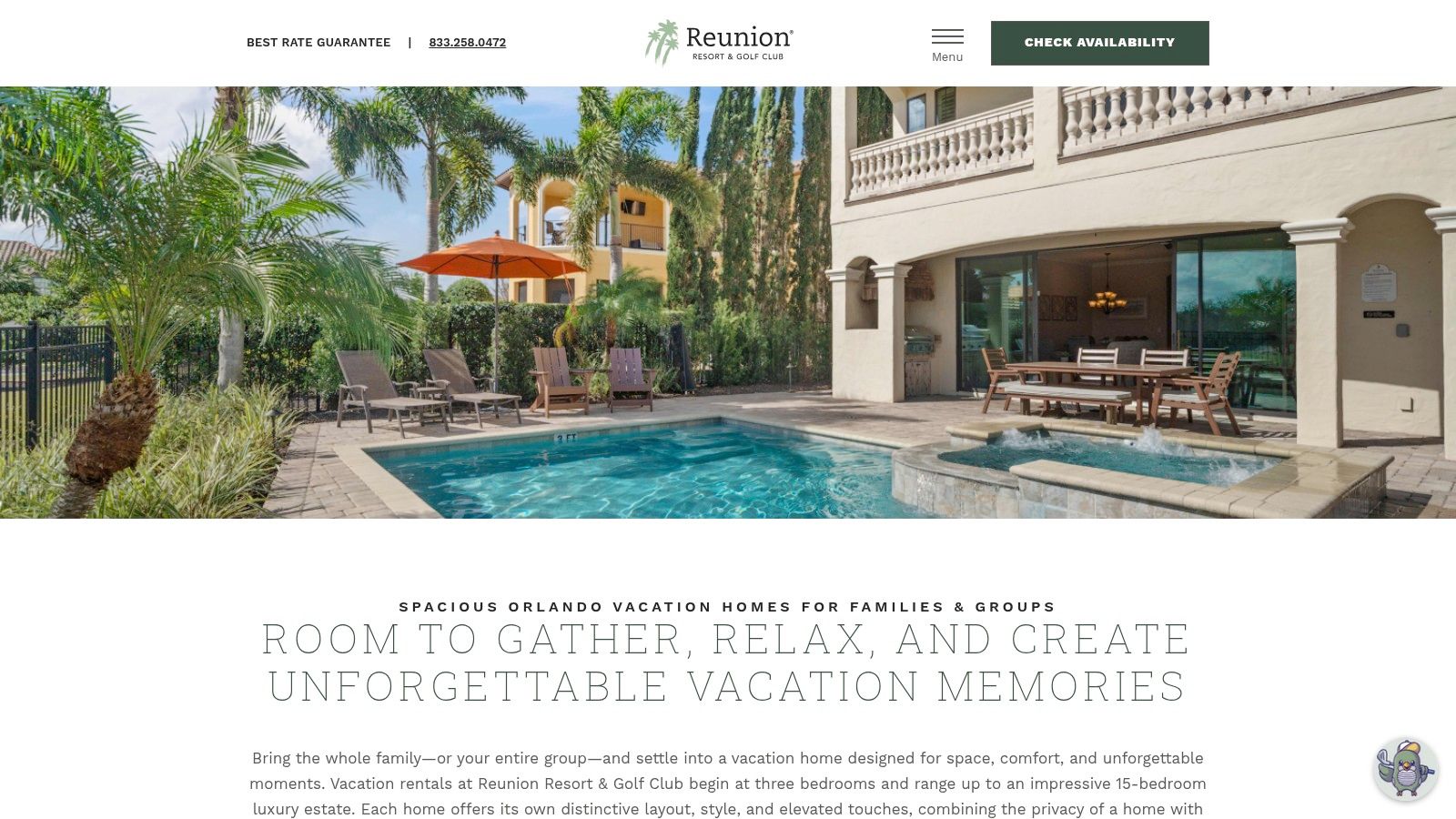 Reunion Resort & Golf Club – Official Vacation Homes homepage showing a mansion with a large pool