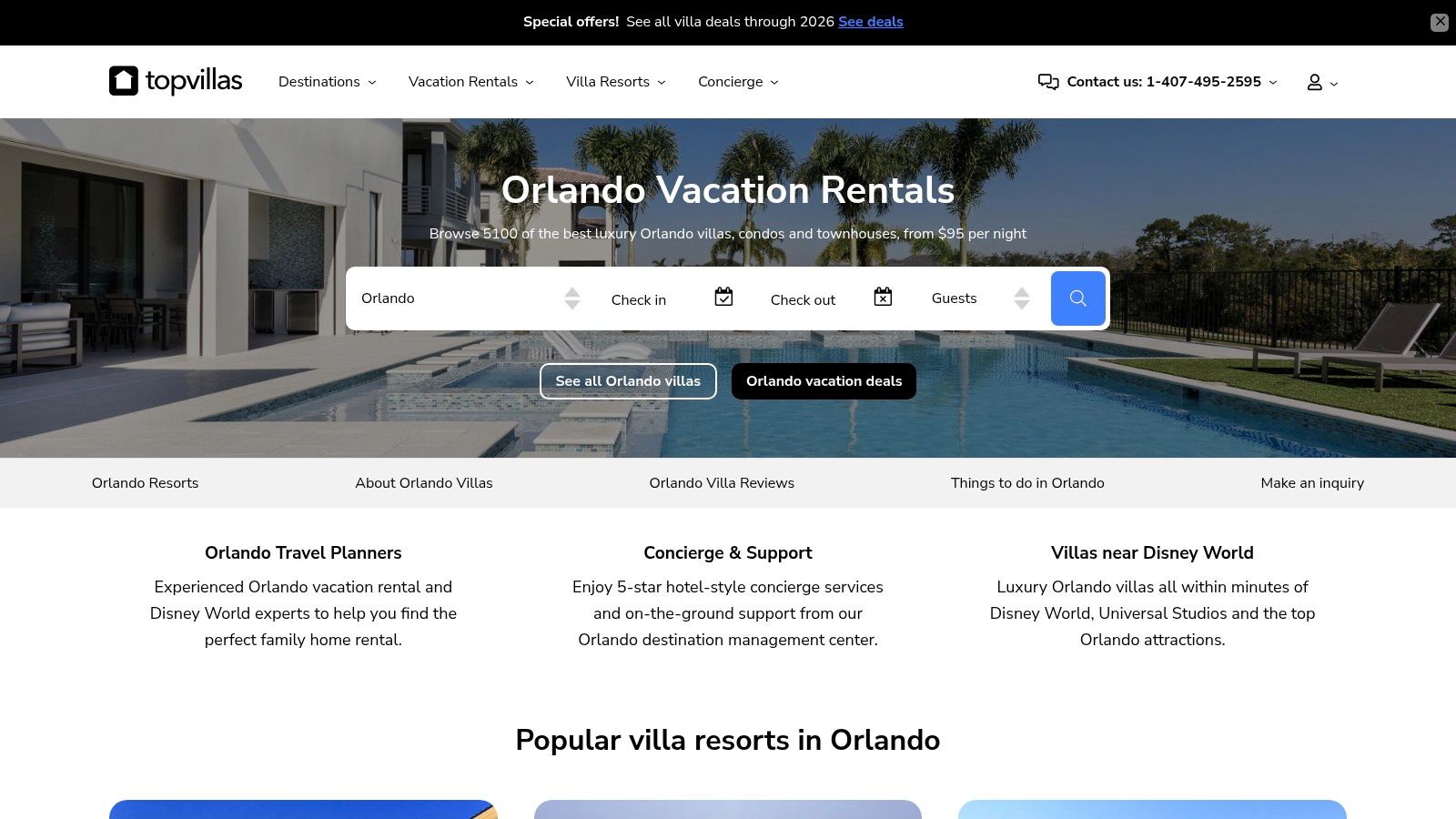 Top Villas homepage showcasing a luxury Orlando home with a private pool