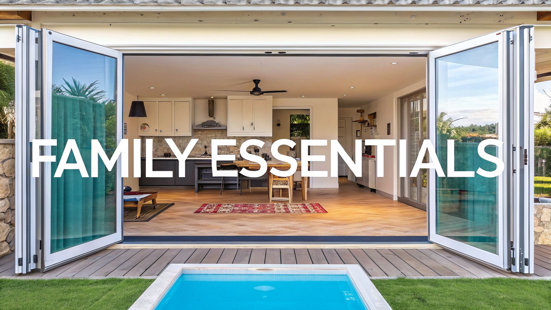 Bright, open-plan house with kitchen, dining area, and outdoor patio with a small pool.