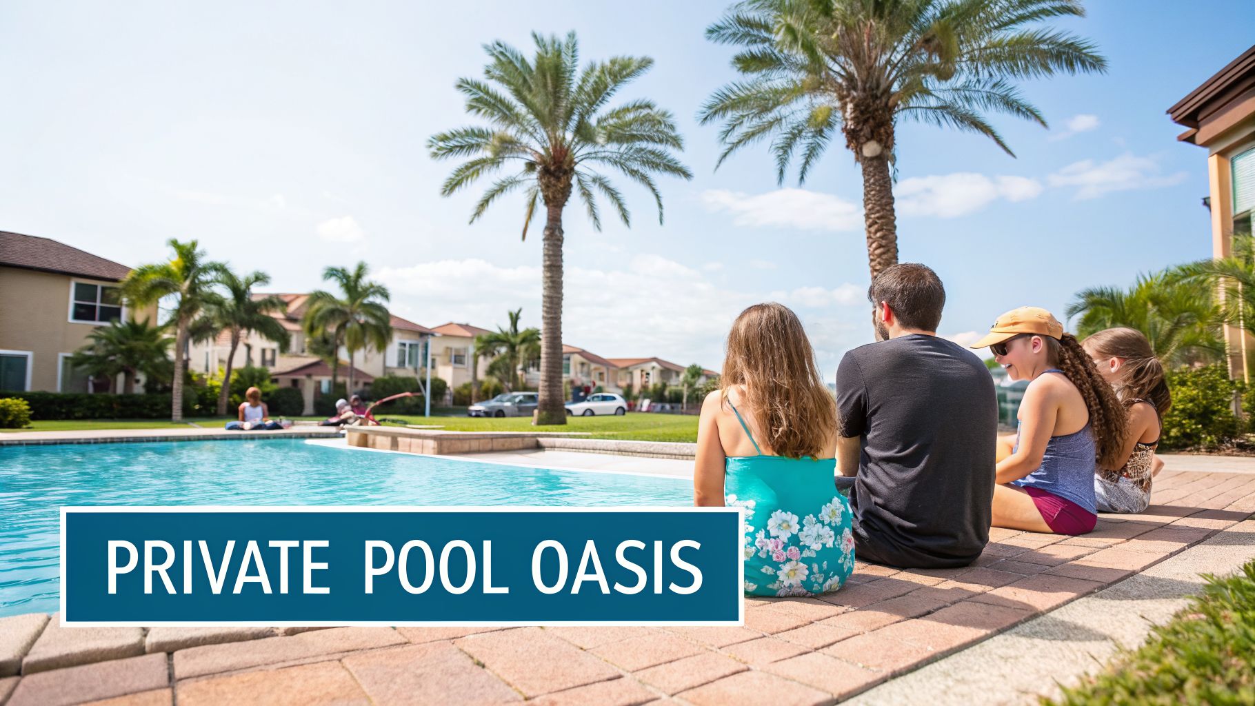 Family and friends relax by a private pool oasis with palm trees and houses in the background.