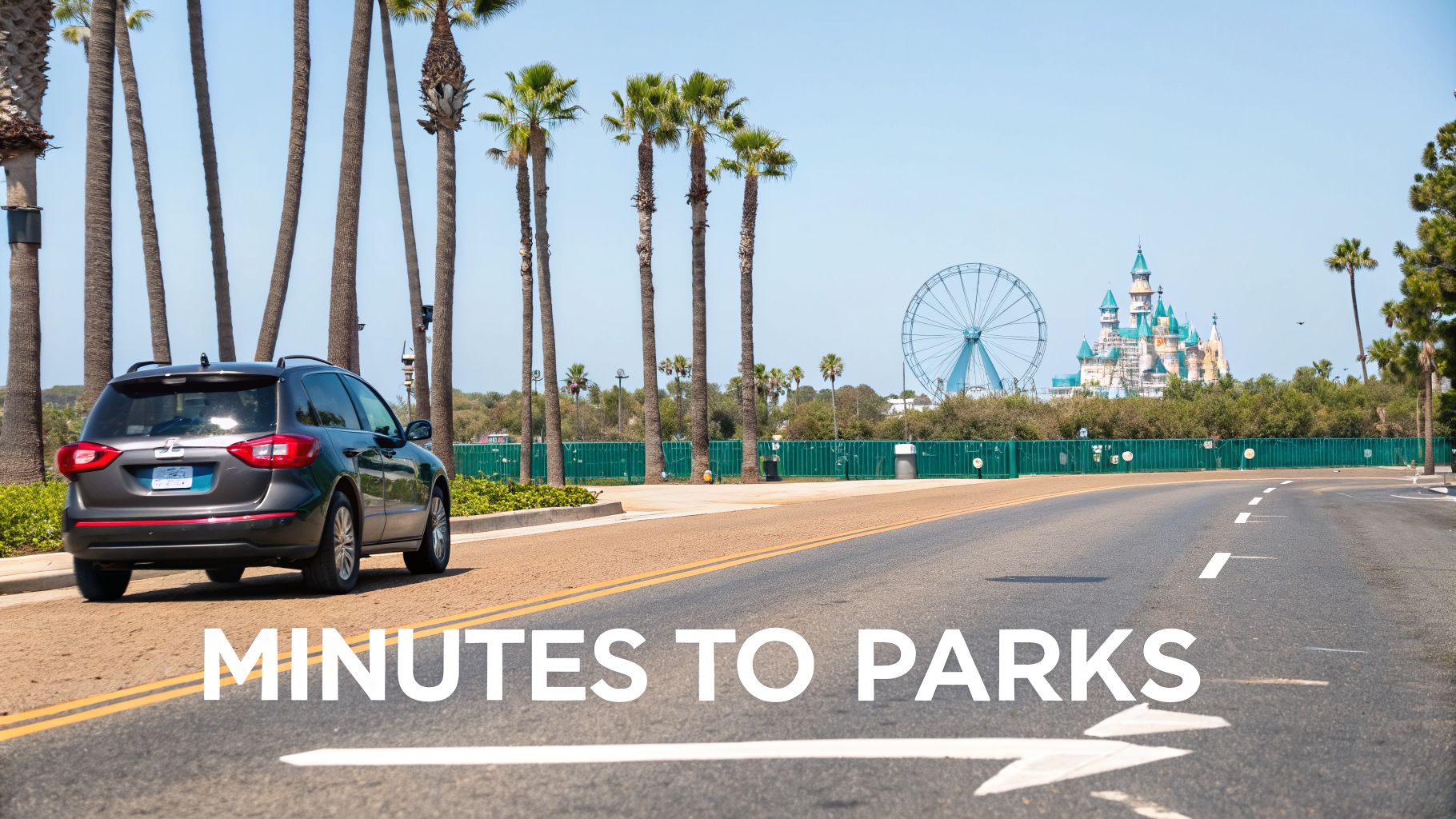 A dark SUV on a road with palm trees and a distant theme park featuring a Ferris wheel and castle.