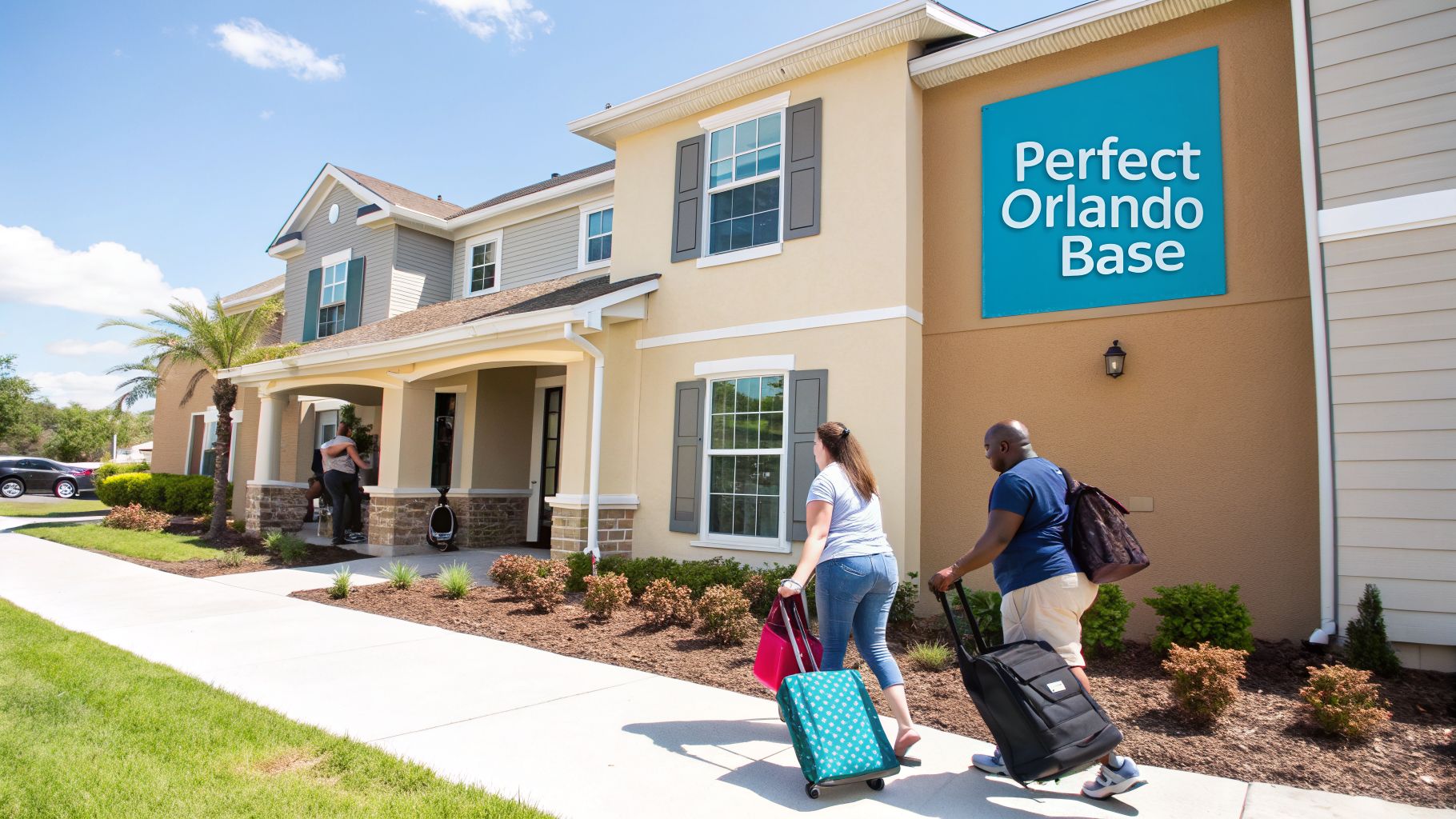 A couple with luggage walks towards a multi-story house labeled "Perfect Orlando Base" on a sunny day.