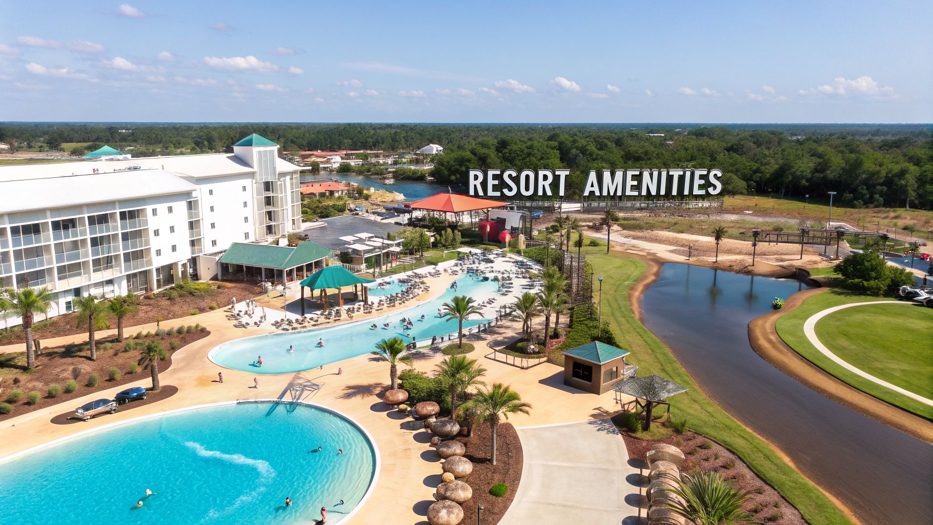 Aerial view of a vibrant resort with multiple swimming pools, palm trees, and a river, under a blue sky.