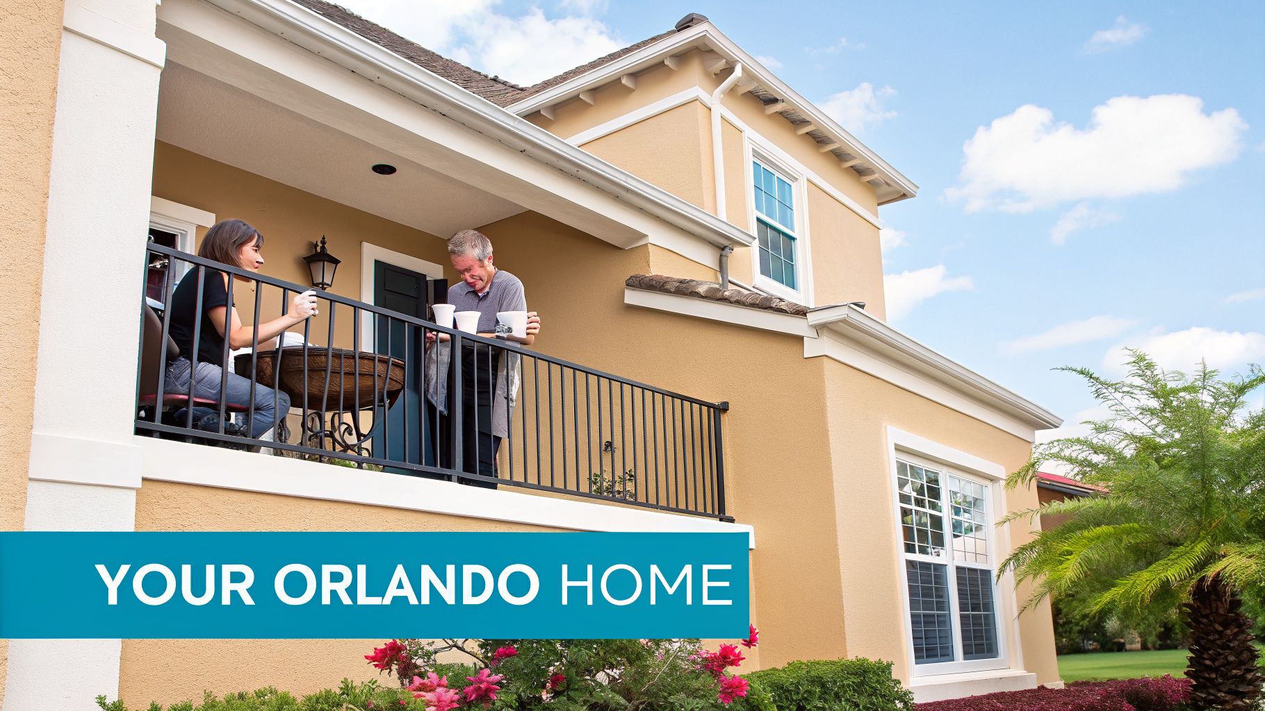 A couple enjoys drinks on the balcony of a beautiful tan house under a blue sky.