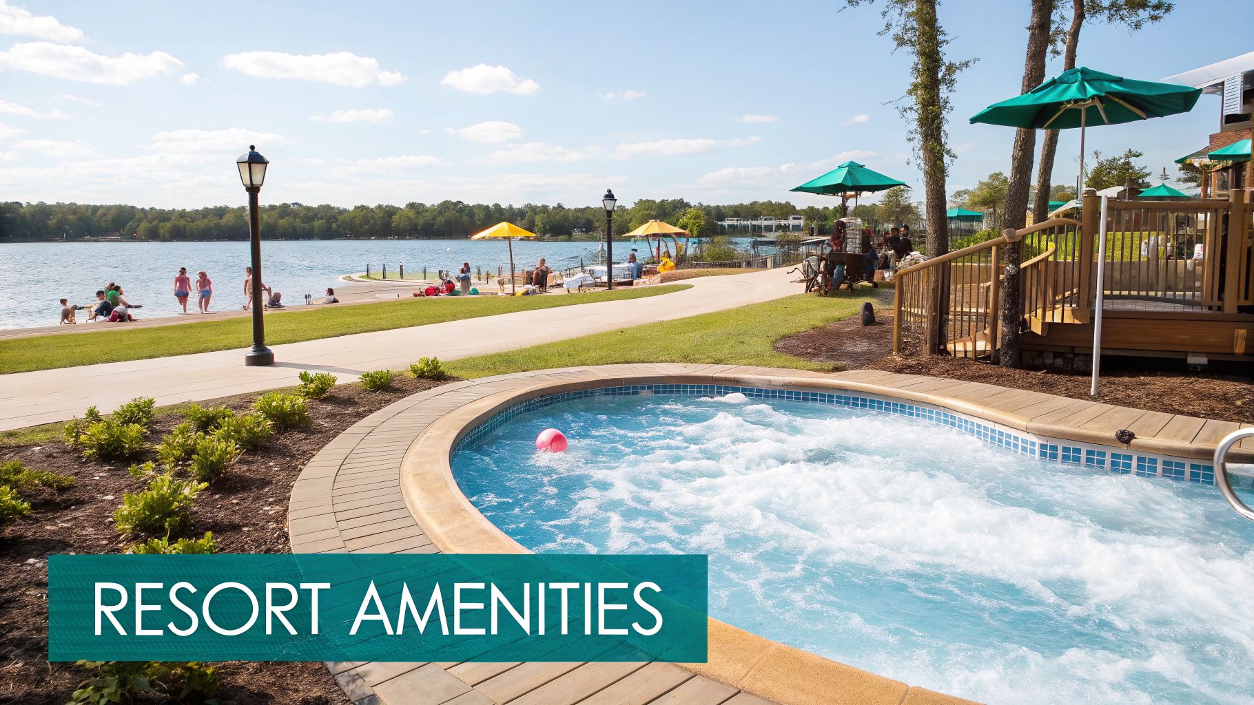 A vibrant resort scene with a bubbling hot tub, a lake, and people enjoying outdoor amenities.
