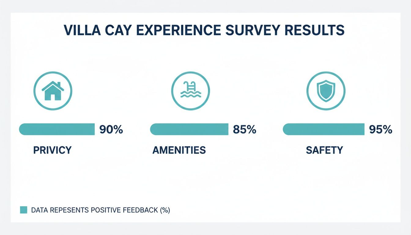 Villa Cay Experience survey results showing 90% positive feedback for privacy, 85% for amenities, and 95% for safety.