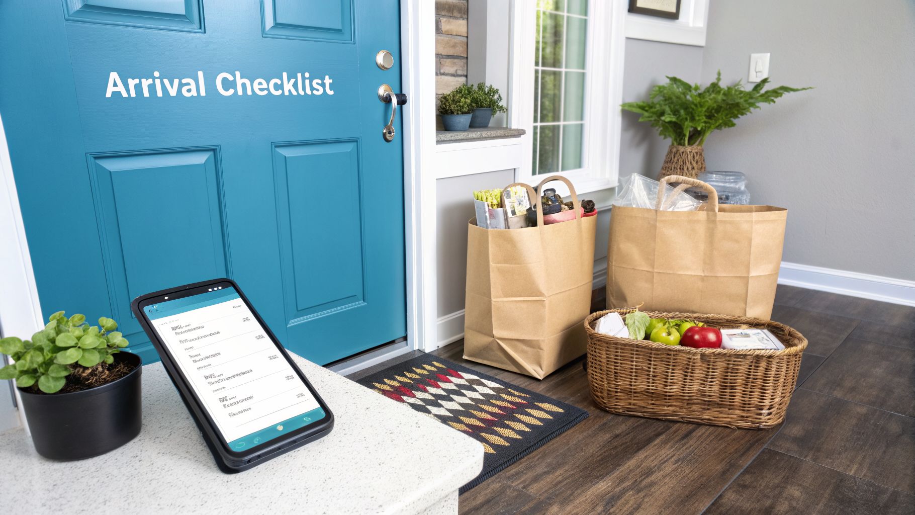 Front entrance with a blue door, 'Arrival Checklist' text, groceries, and a smartphone displaying tasks.