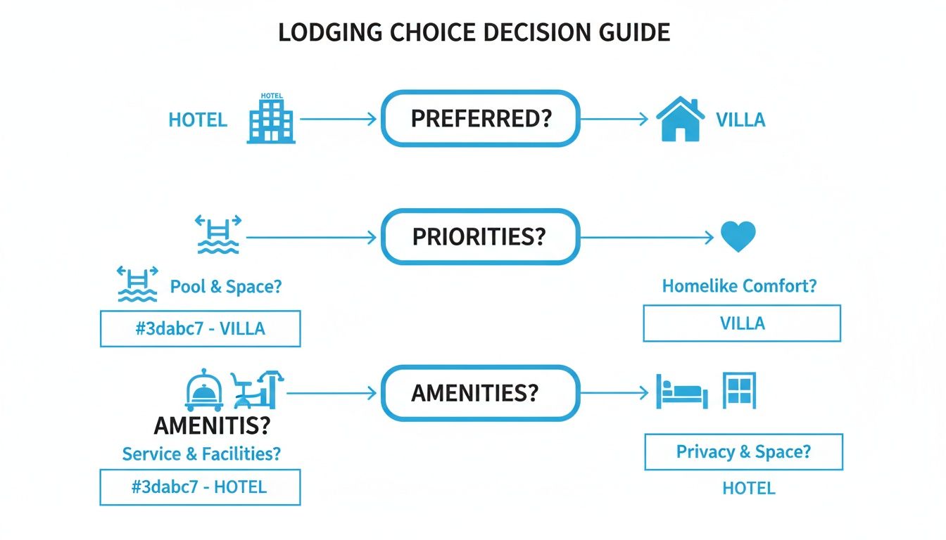 Decision guide flowchart comparing hotel and villa lodging choices based on preferences, priorities, and amenities.