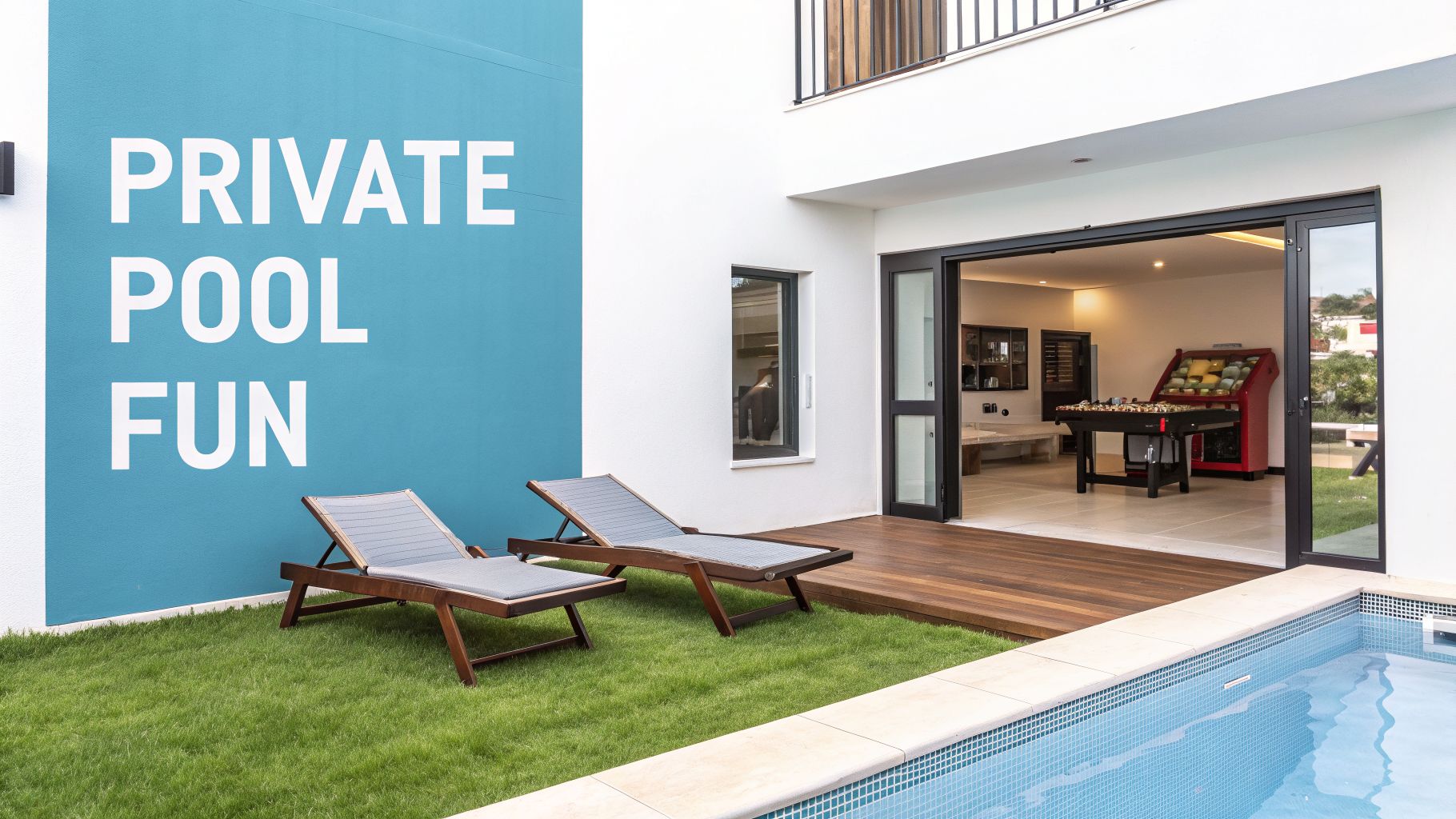 Modern villa exterior with a private pool, sun loungers, and a game room visible through sliding doors.