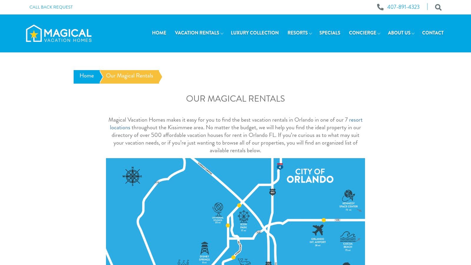 Magical Vacation Homes map showing properties near Orlando theme parks