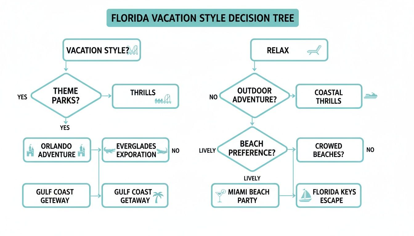 Florida vacation style decision tree offering various travel preferences and destinations.