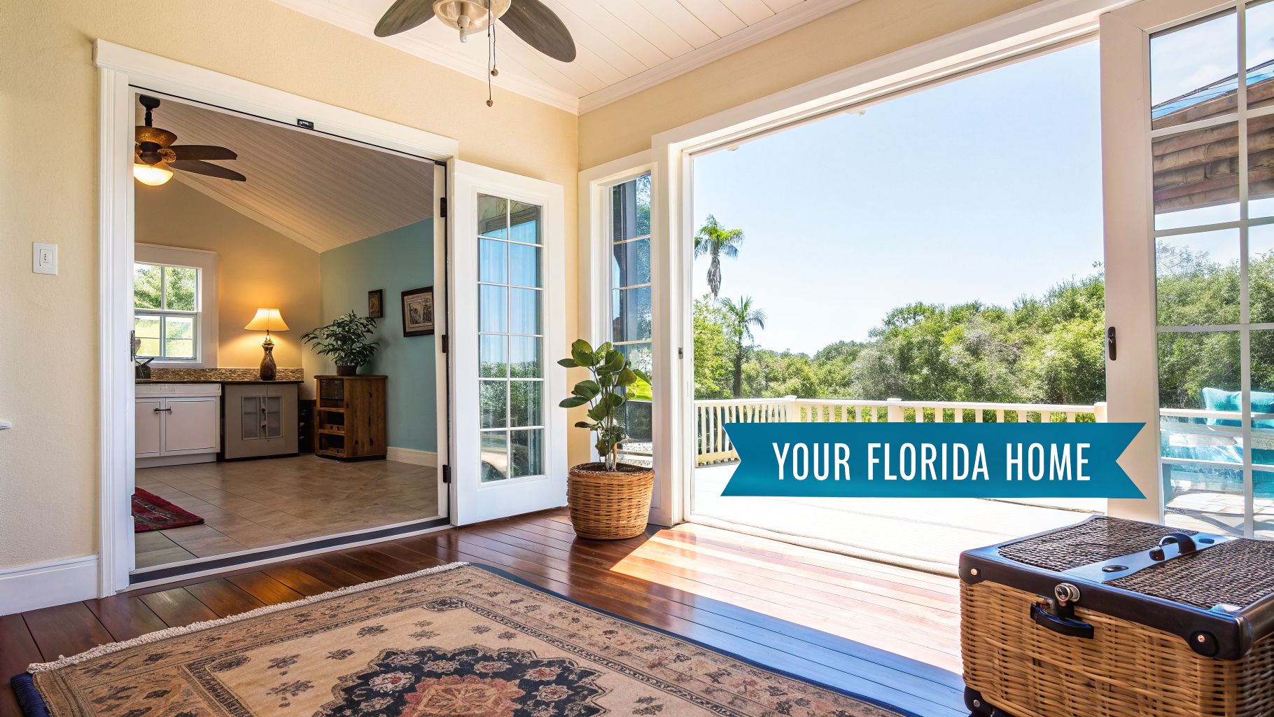 A bright Florida home interior with open doors leading to a sunny deck and lush greenery outside.