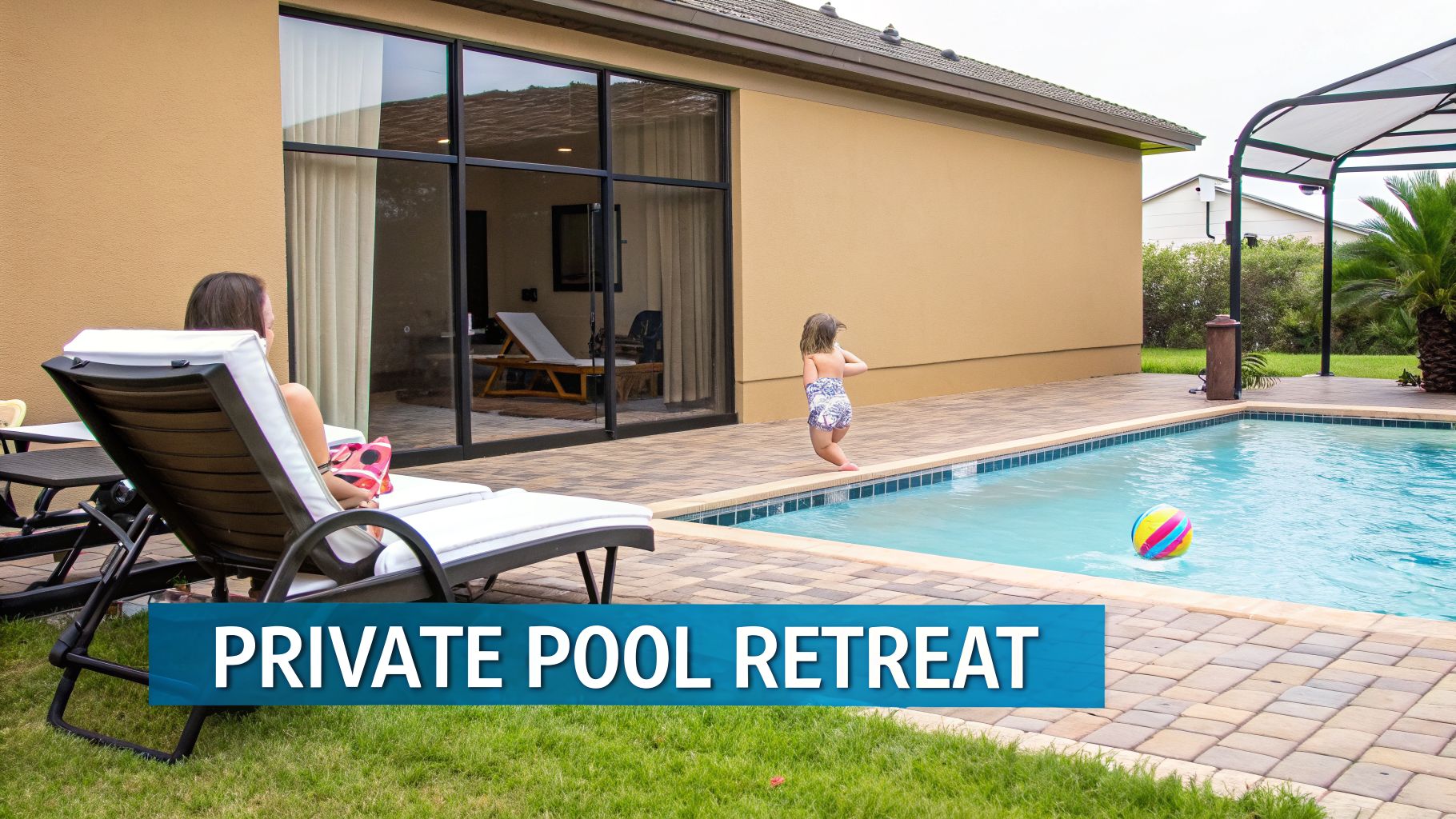 A family enjoys a private pool retreat with a child and a woman relaxing on a lounge chair.