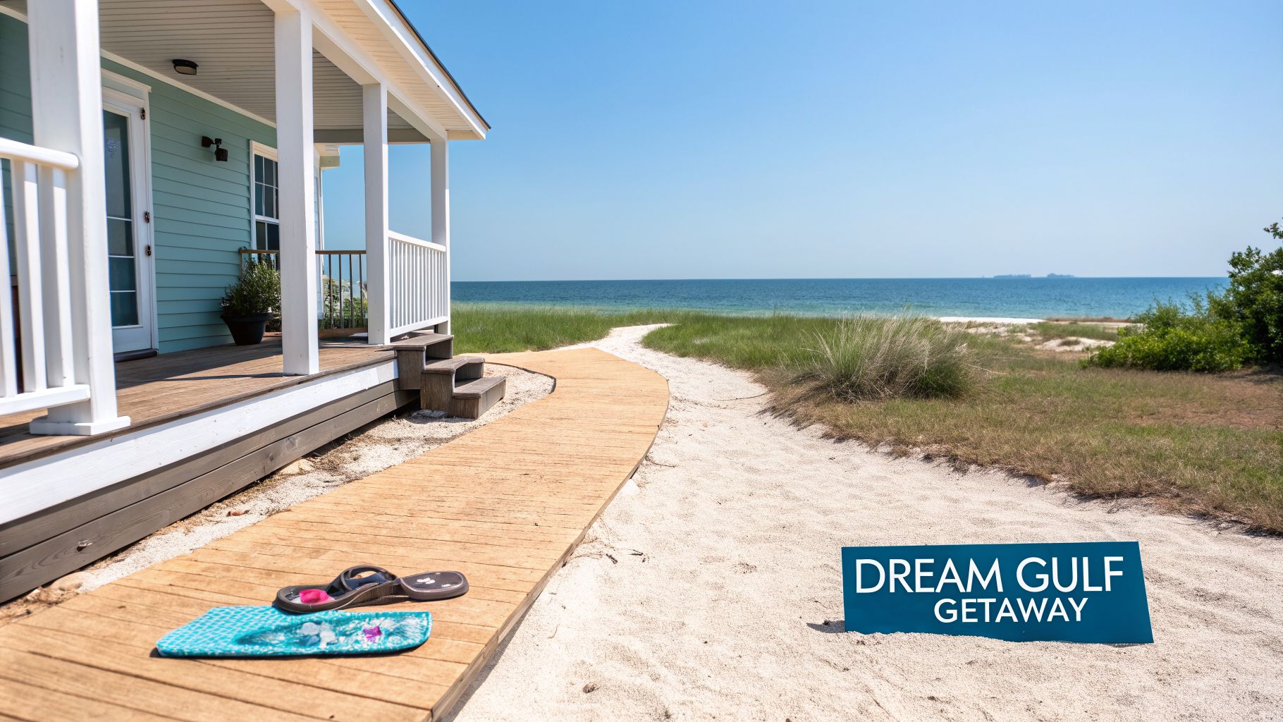 A serene light blue beach house with a porch and a wooden path leading to a sandy beach, ocean, and a 'Dream Gulf Getaway' sign.