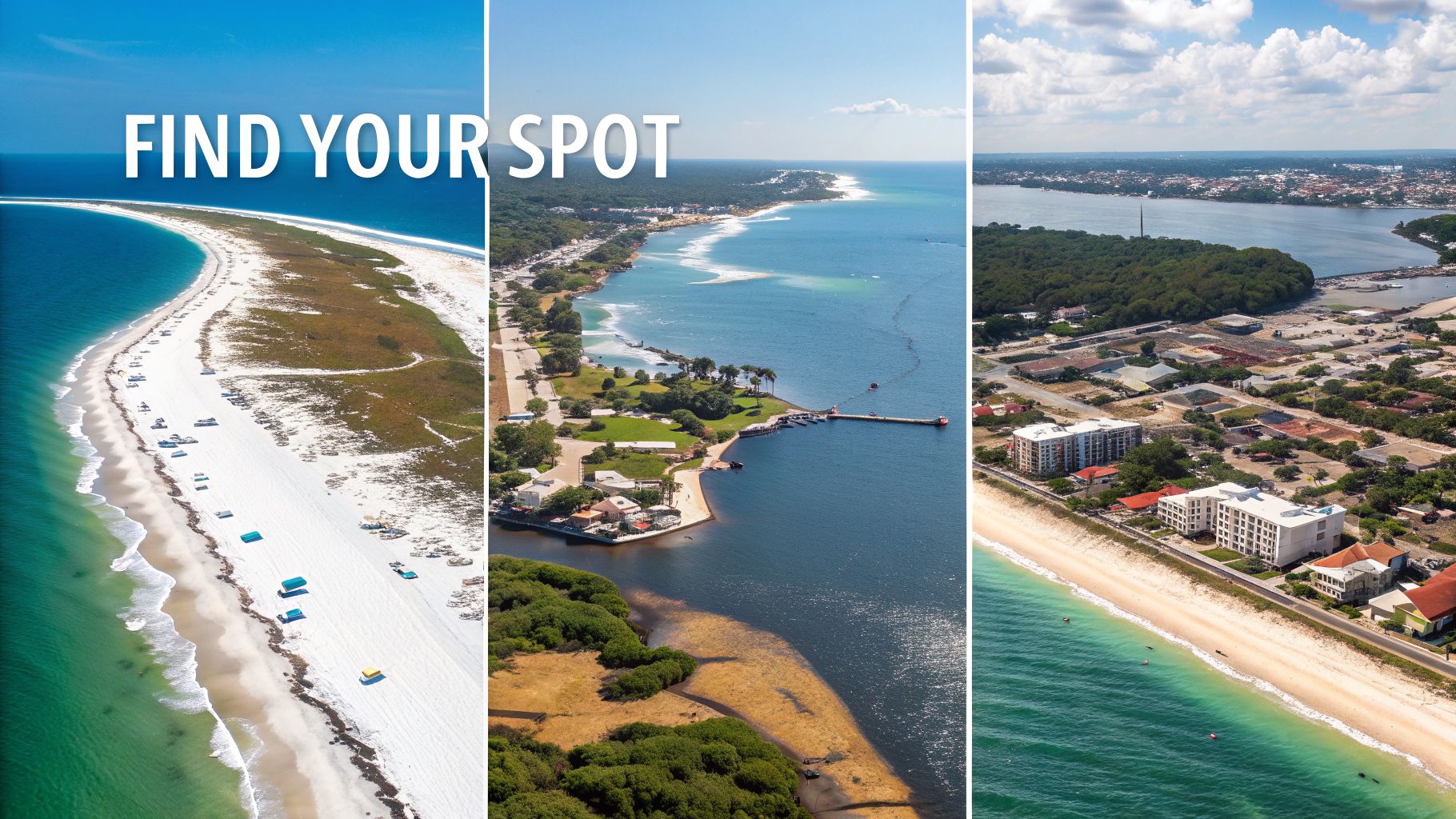 Aerial triptych showing diverse Florida Gulf Coast beaches, coastal towns, and clear blue waters.
