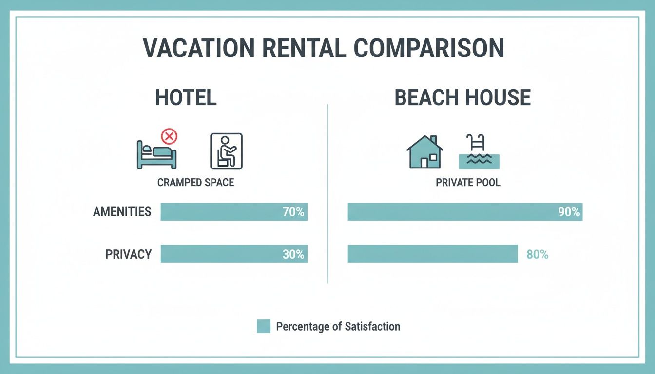An infographic comparing vacation rental satisfaction for hotels versus beach houses on amenities and privacy.