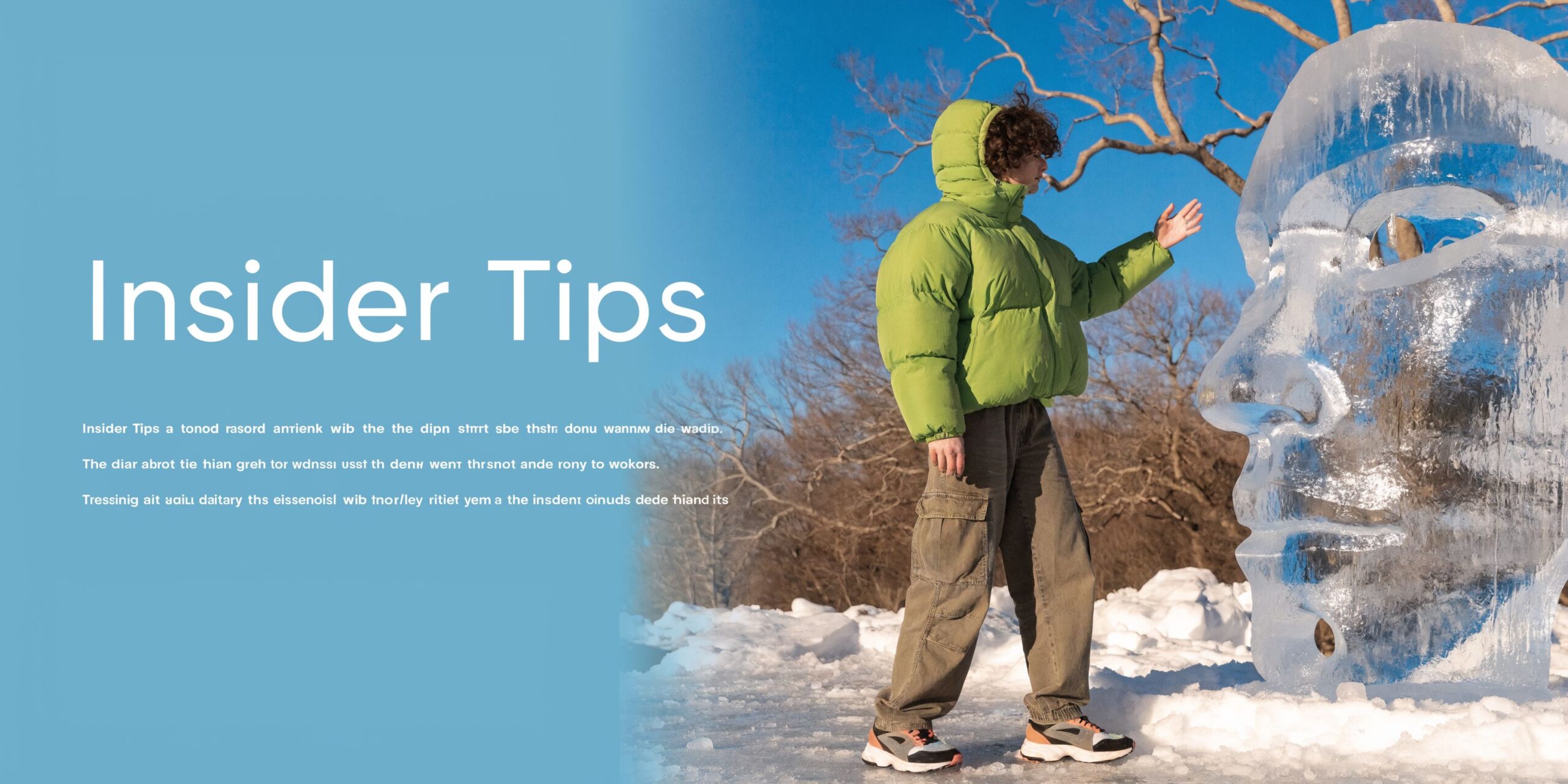 A person in a bright green puffer jacket interacting with a large, carved ice head sculpture outdoors.