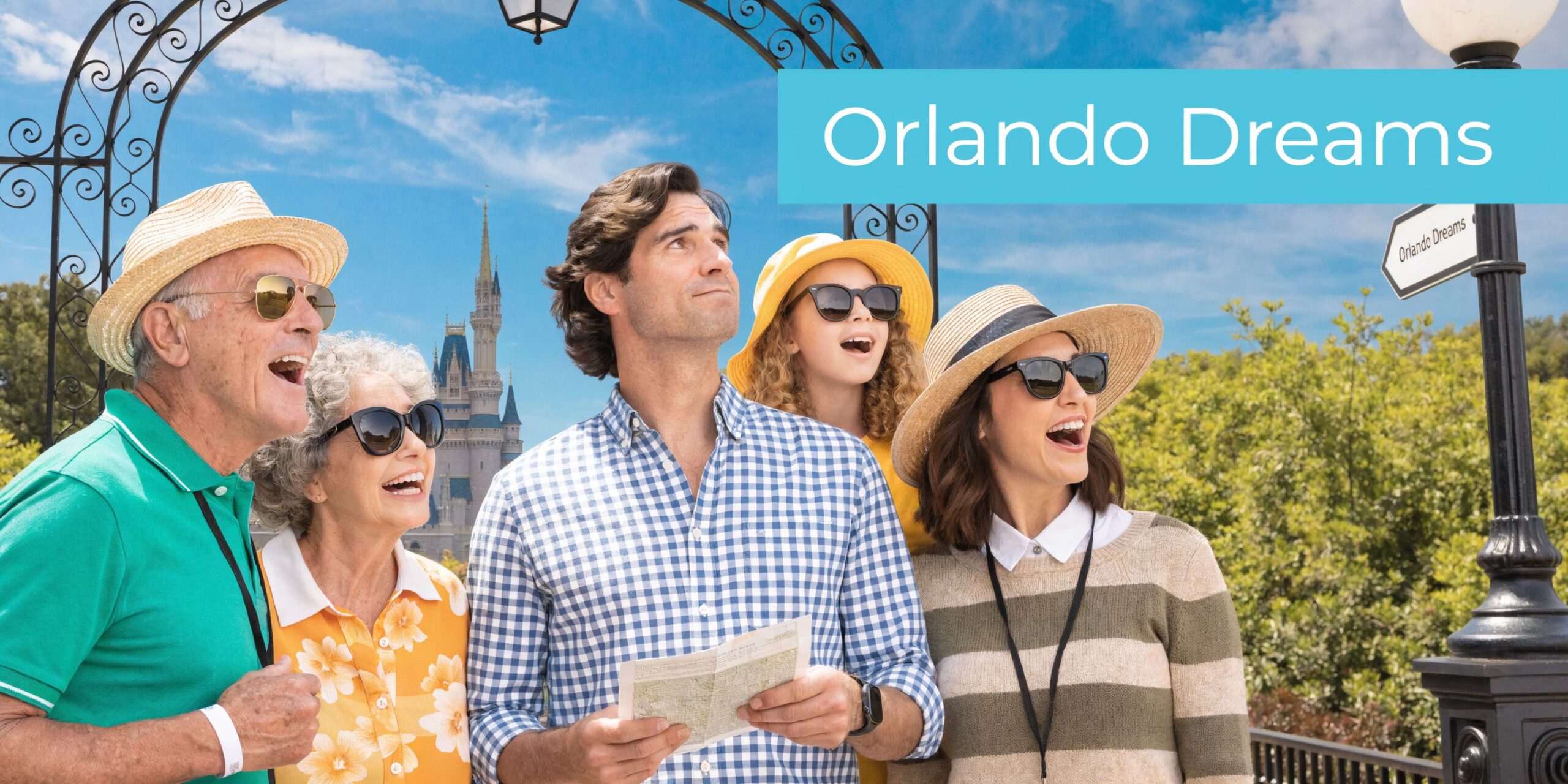 A happy multi-generational family looking up in excitement near a Disney-style castle in Orlando.