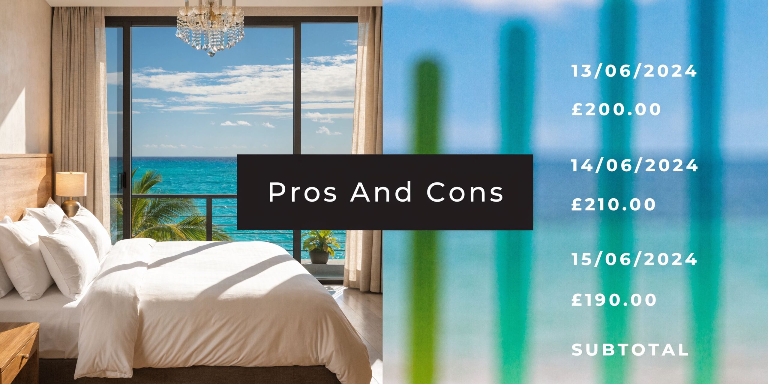 A luxurious hotel bedroom with an ocean view and a price list for June 2024.